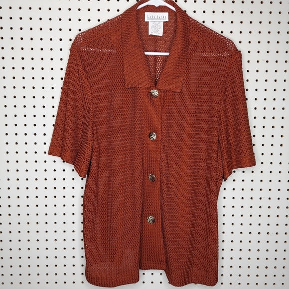 Y2K Vtg Mesh Shirt 24W Button Collar Short Sleeve Sheer Rust Orange Top - Picture 1 of 5